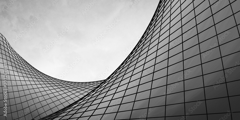 Poster View of the clouds reflected in the curve glass office building. 3d rendering