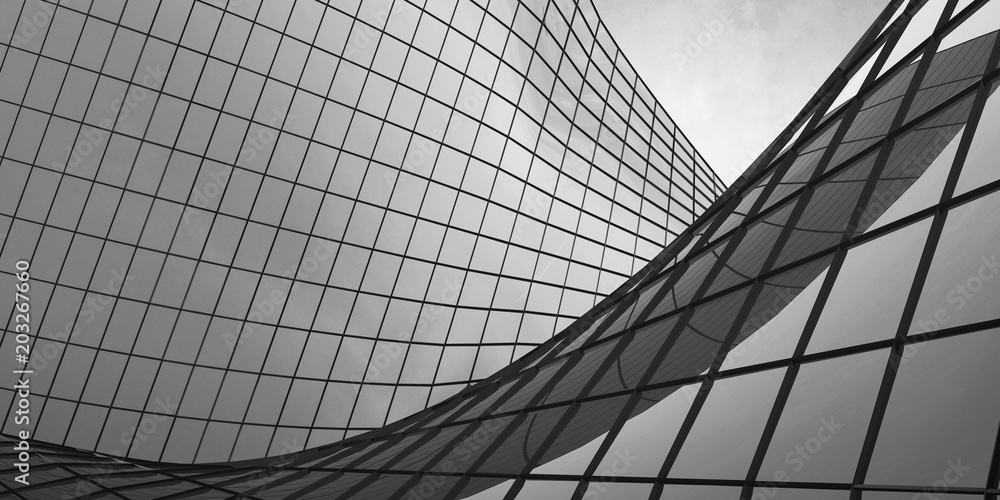 Poster View of the clouds reflected in the curve glass office building. 3d rendering