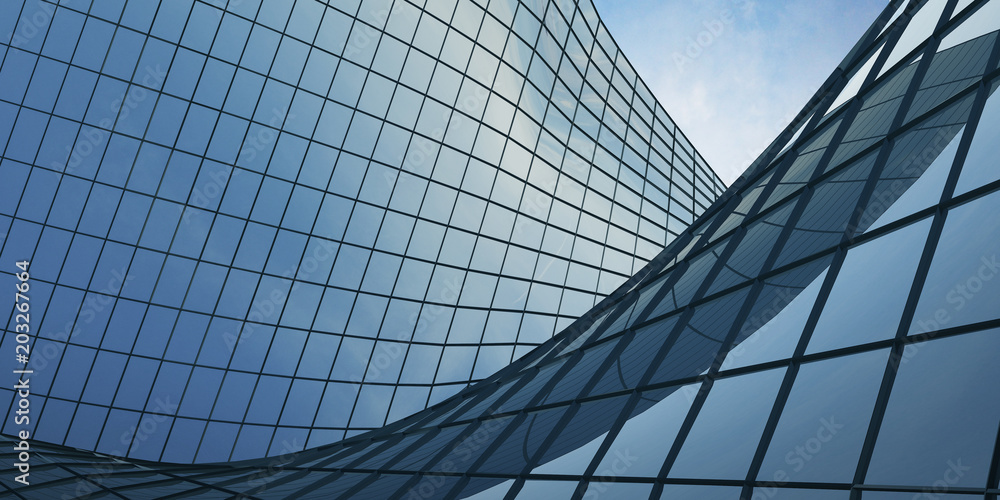 Aufkleber view of the clouds reflected in the curve glass office building. 3d rendering