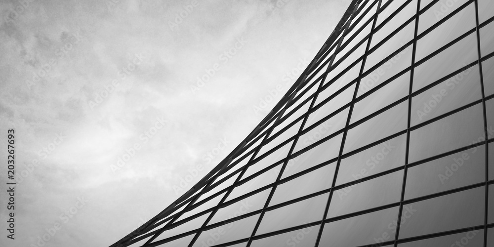 Poster View of the clouds reflected in the curve glass office building. 3d rendering