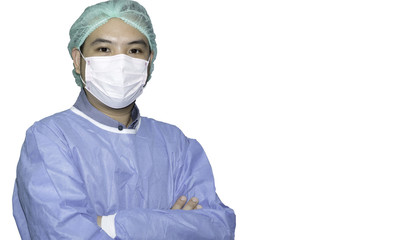 Male surgeon wearing a sterile blue suit or gown waiting on the operation theater isolated.