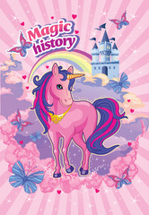 Fairytale background with rainbow and castle for Princess. Beautiful unicorn in the clouds.  Fabulous landscape with magic horse or pony. Children's illustration with animal. Wonderland. Vector. © penochka1