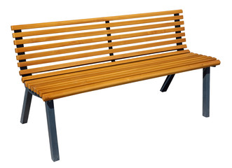 Wooden  new  yellow garden bench with metal legs.