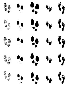 Black prints of shoes and feet on a white background
