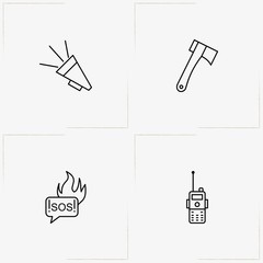 Firefighter line icon set with loudspeaker, save our souls  and portable radio