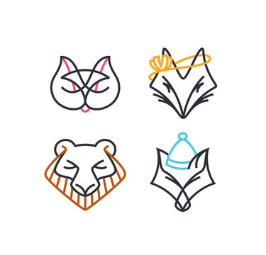 Vector set of line and color design animals' icons with some human features.