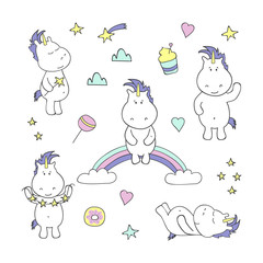 Set with cute unicorns on white background. Vector illustration.