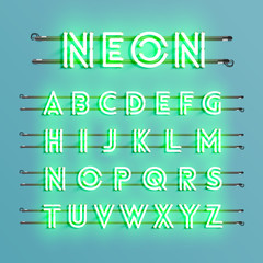 Realistic neon font with wires and console, vector illustration