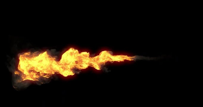 Animated realistic stream of fire like flamethrower shooting or fire-breathing dragon's flames. High quality footage with alpha channel in 4k resolution.