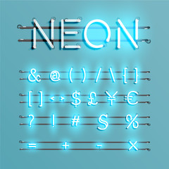 Realistic neon font with wires and console, vector illustration