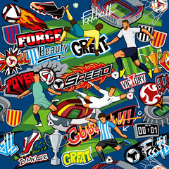 Soccer background. Seamless pattern. Football attributes, football players of different teams, balls, stadiums, graffiti, inscriptions. Vector graphics. Blue background