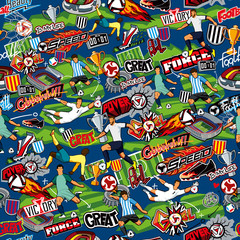 Obraz premium Seamless pattern on the theme of football. Football attributes, football players of different teams, balls, stadiums, graffiti, inscriptions. Vector graphics. Blue background
