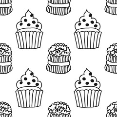 Cakes, sweet dessert. Black and white seamless pattern for coloring book or page.