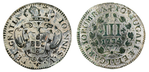 Ancient copper coin of Portugal. 3 reis of the King Ioannes V of Portugal. 1734.