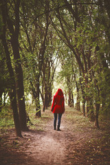 Fototapeta premium Woman in red coat walking in the forest