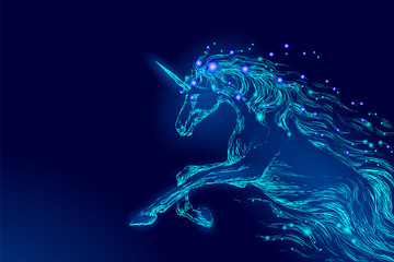 Blue glowing horse unicorn riding night sky star. Creative decoration magical backdrop shining cosmos space horn fairy myth moon light fantasy background vector illustration