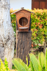 Closeup of natural bird wood house with gable roof on timber pillar in the garden