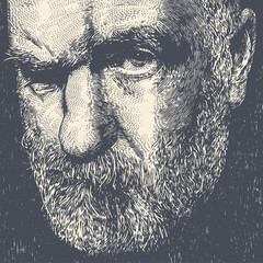 Dissatisfied Old Bearded Man. Retro Engraving Style. Vector Illustration © Jumpingsack