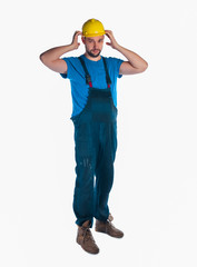 Portrait of a young worker standing on white background