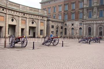 Fototapeta premium Panorama of the royal palace in the central district of the Swedish capital on a cloudy summer day.