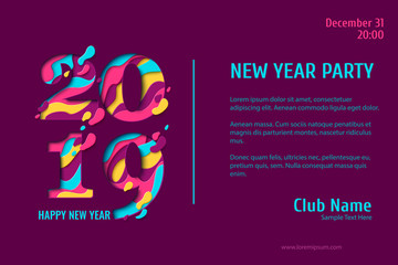 2019 Happy New Year paper craft holiday background. Vector winter holiday party invitation with paper cut numbers 2019 design for seasonal flyers, banners, posters.