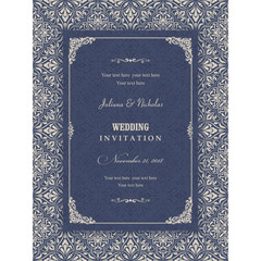 Wedding invitation cards  baroque style blue and beige. Vintage  Pattern. Retro Victorian ornament. Frame with flowers elements. Vector illustration.