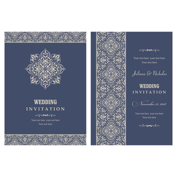 Wedding invitation cards  baroque style blue and beige. Vintage  Pattern. Retro Victorian ornament. Frame with flowers elements. Vector illustration.