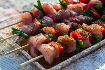 Close up pf delicious chicken breast on wooden skew with fresh vegetables, garlic, paprika fried on mangal barbeque grill