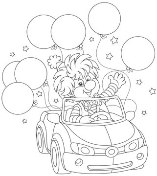 Funny circus clown driving his car with holiday balloons, black and white vector illustration in a cartoon style for a coloring book