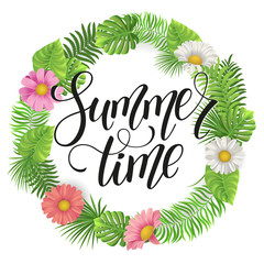 Summer lettering. Tropical palm leaves background. Vector illustration EPS10.