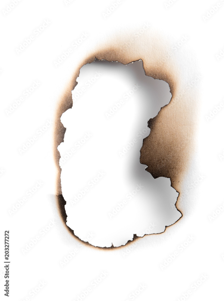 Sticker White paper burn hole with shadow on white background