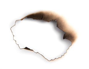 White paper burn hole with shadow on white background