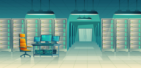 Vector set of cartoon control room with server racks, table. Database, data center for hosting, networking. Administration of internet technology with computer hardware, equipment