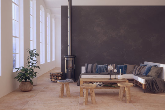 Cozy scandinavian living room interior. 3d rendering