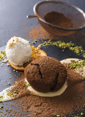 Mouth watering delicious chocolate fondant cake, restaurant serving