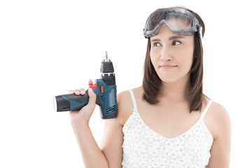 Asian woman holding drill isolated on white background
