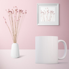 Pretty Mug Mockup set against a pink background with a vase of flowers. Great for overlaying your custom quotes and designs for selling mugs.