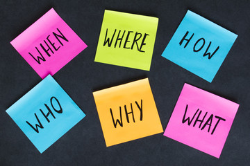 Different questions written on paper notes on the dark background. 
