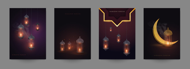 Ramadan kareem islamic beautiful design template. Composition with realistic 3d arabic lantern. Set holiday background for branding greeting card, banner, cover, flyer or poster. Vector illustration.