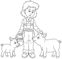 Friendly smiling farm workwoman feeding funny piglets, black and white vector illustration in a cartoon style for a coloring book