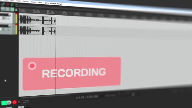 Video that shows audio recording on computer to the stereo track online and warns user with blinking red alert button about record is running, interface video, screen capture, sound design and