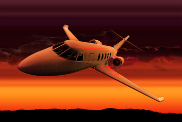 Private jet flies at sunset