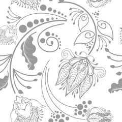 Oriental Chinese botanical flower graphic design for motif vector in Porcelain style seamless pattern with silver gray and white background