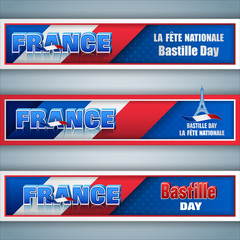 Set of web banners with 3d texts and national flag colors, for fourteen of July, France National day, celebration; Vector illustration