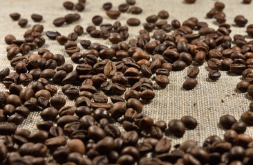 coffee beans on a background of burlap