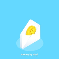 gold coin in a white envelope on a blue background, isometric image