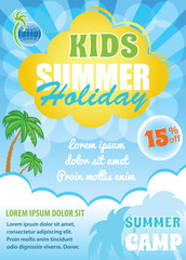 Kids summer holiday flyer, blue background, vector template