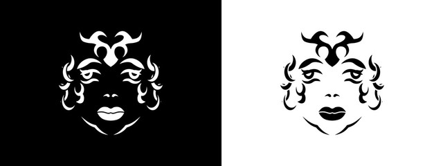 Tribal woman portrait, Woman portait in tribal style illustration in black and white