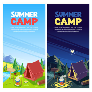 Summer camping vector banner, poster design template. Adventures, travel and eco tourism concept. Touristic camp tent