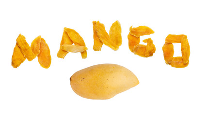 Dehydrated mango slices and fresh raw mango isolated on white. Dried fruits, mango inscription.